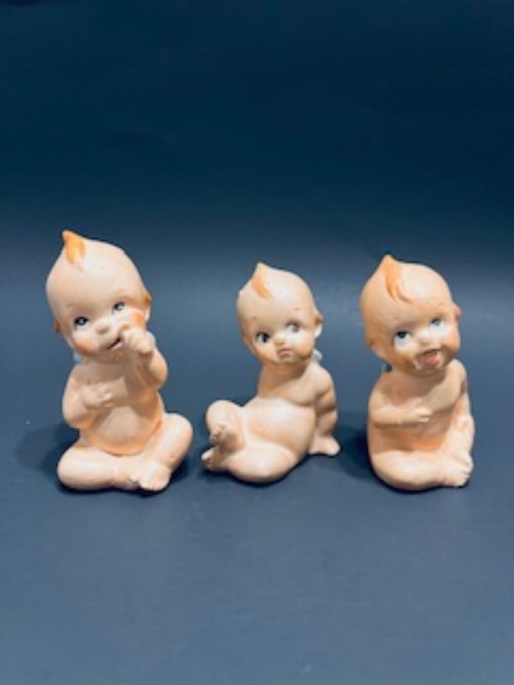 Set of 3 Vintage Collectable Bisque Porcelain Kewpie Dolls Blue Wings 3.5" Tall